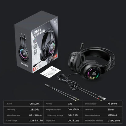 Audifono Gamer Onikuma X92 Conector 3,5mm Con Luz Sonido 3d Negro X92