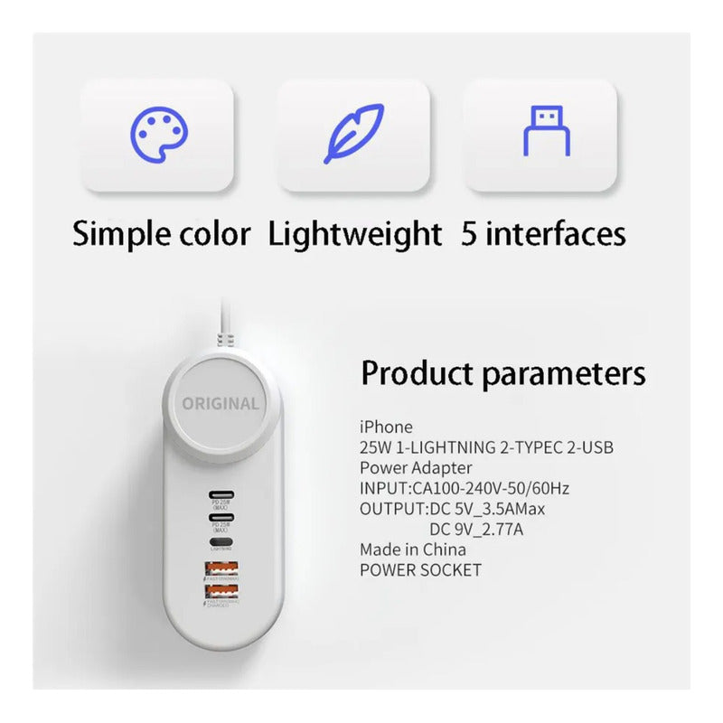 Cargador 35w Usb-c Hub Usb 5 Puertos Carga Rápida Alargador