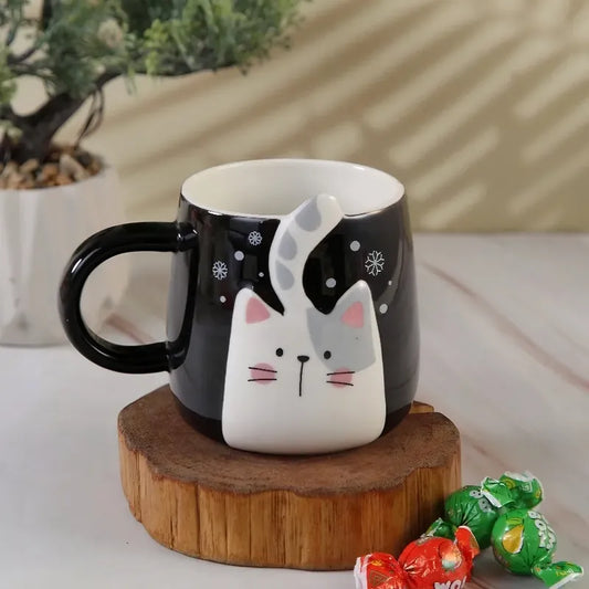 Tazón De Cerámica Gato Kawaii Con Cola 400ml Taza Cat Lovers Negro Mk-223 B