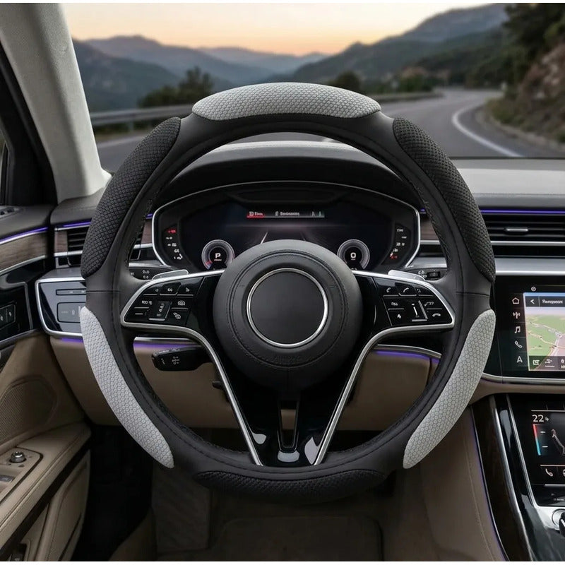 Funda Cubre Volante 3d Acolchado Antideslizante Universal 38 Negro Gris Claro