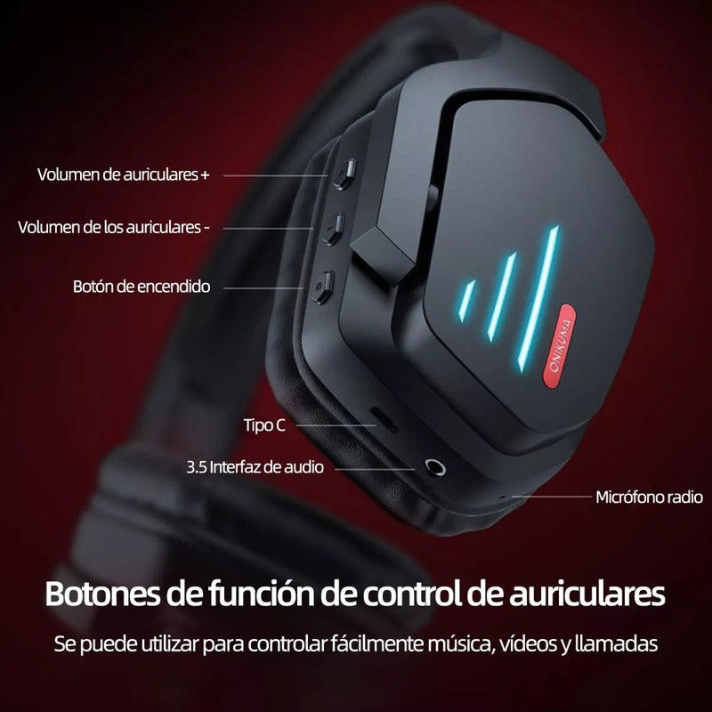Audifonos Diadema Gamer Onikuma B60 Negros Bluetooth Luz Led Negro