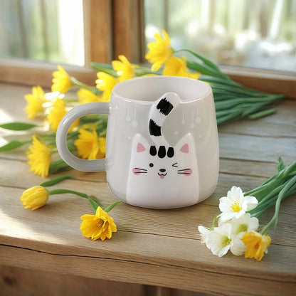 Tazón De Cerámica Gato Kawaii Con Cola 400ml Taza Cat Lovers Gris Mk-223 A