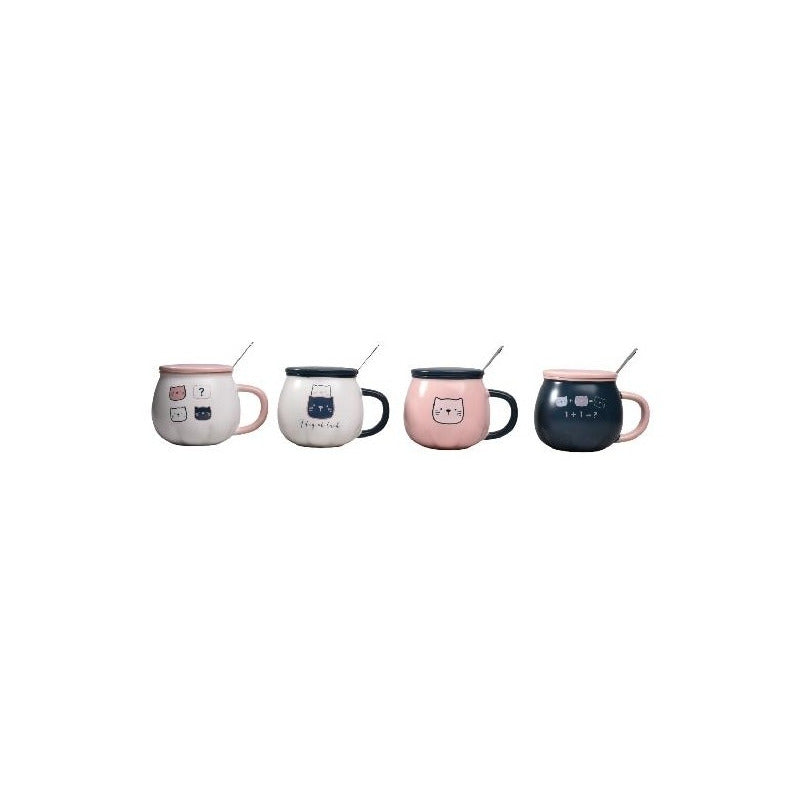 X4 Taza Calabaza Diseño Gato Kawaii Con Tapa Y Cuchara Mk134 Rosa, Azul Marino Y Blanco Calabaza