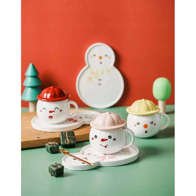 Set Taza Muñeco D Nieve + Plato Tapa Cuchara Navidad Snowman