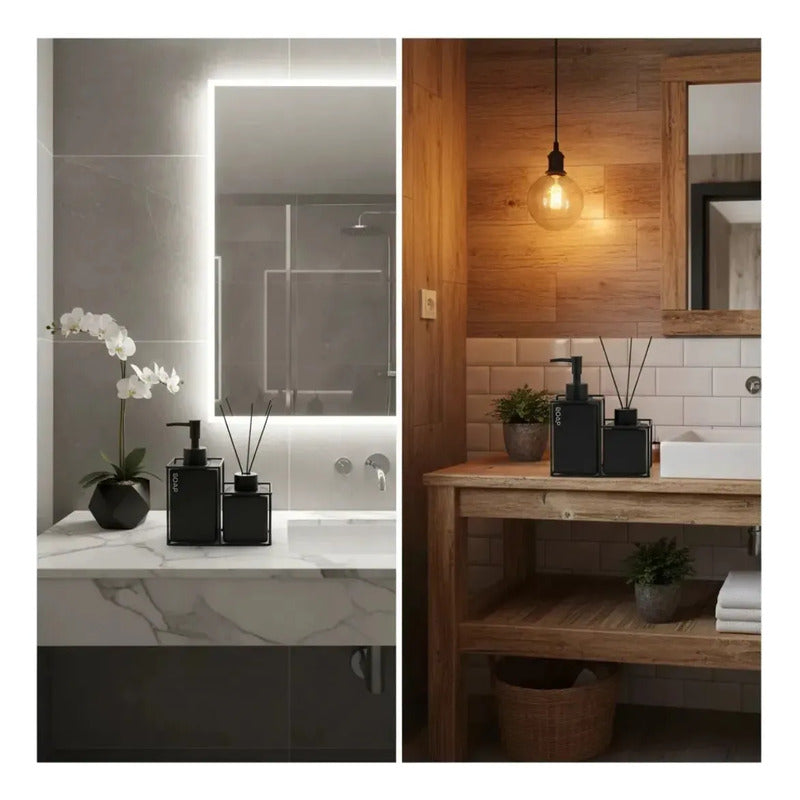 Set De Baño Dispensador Jabon + Difusor Aroma Soport Moderno Negro 73196