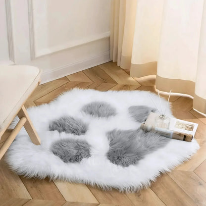 Alfombra Peluda Huella De Gato Kawaii Suave Piel Sintética 85 Cm 80 Cm Blanco Gris