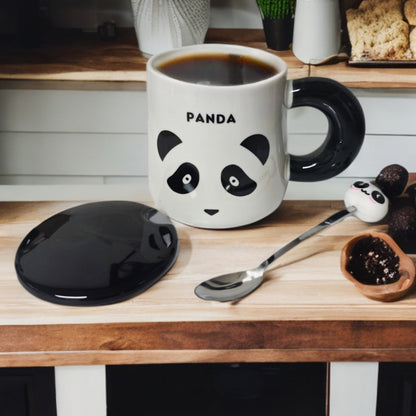 Tazón Oso Panda Taza Kawaii Con Tapa Y Cuchara 400ml / Ryc