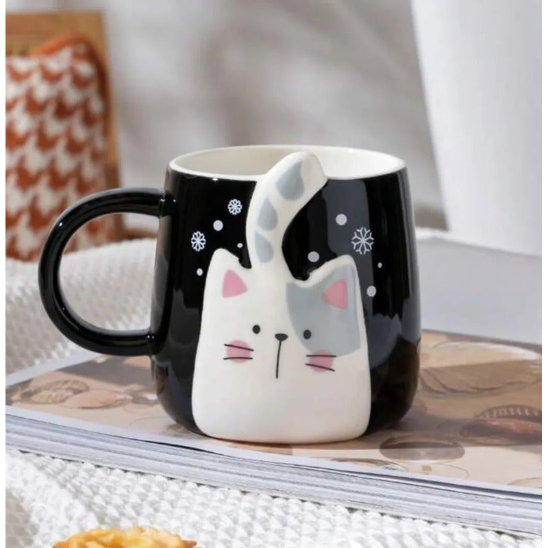 Tazón De Cerámica Gato Kawaii Con Cola 400ml Taza Cat Lovers Negro Mk-223 B