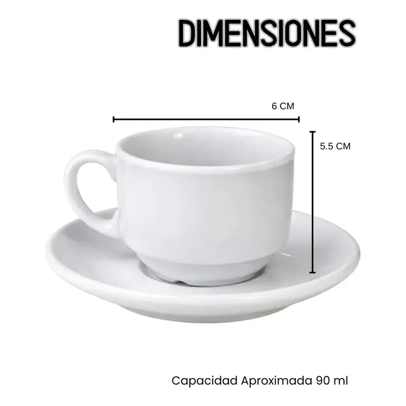 Pack 6 Tazas Espresso De Cerámica Blanca Con Platillo De 90 Ml Blanco Taza Espresso Apilable Loza