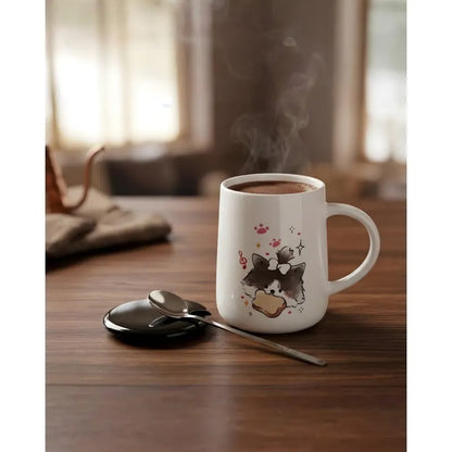 Tazón Cerámica Gatito Lindo Con Tapa Y Cuchara Kawaii Cute Blanco Mk-212 C