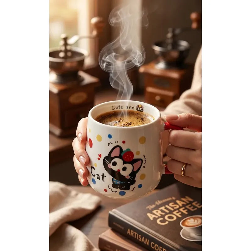 Tazón De Cerámica Gato Kawaii Con Rojo Taza Café Té Cat Cute Blanco Rojo Mk-120 C Frutilla