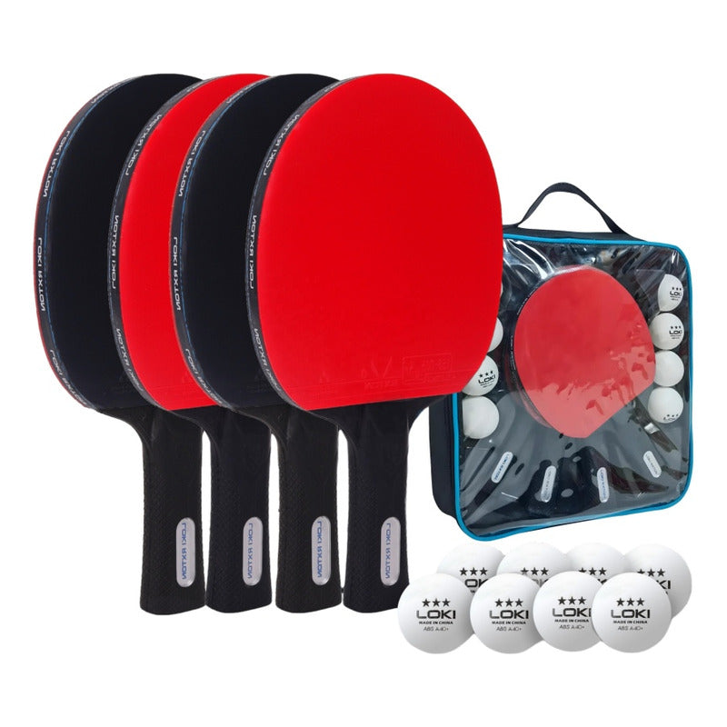 Set Ping Pong 4 Paletas + 8pelotas +estuche Kit Tenis Mesa Rojo/negro Fl (cóncavo)