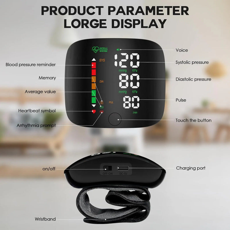 Toma Presión Arterial Digital De Muñeca Con Voz Pantalla Led Negro Gl70096