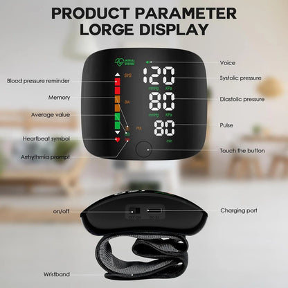 Toma Presión Arterial Digital De Muñeca Con Voz Pantalla Led Negro Gl70096