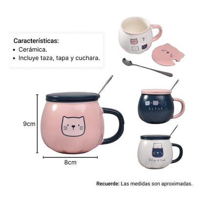 Taza Cat Cute Mug Con Tapa Y Cuchara Gato Kawaii /r&c