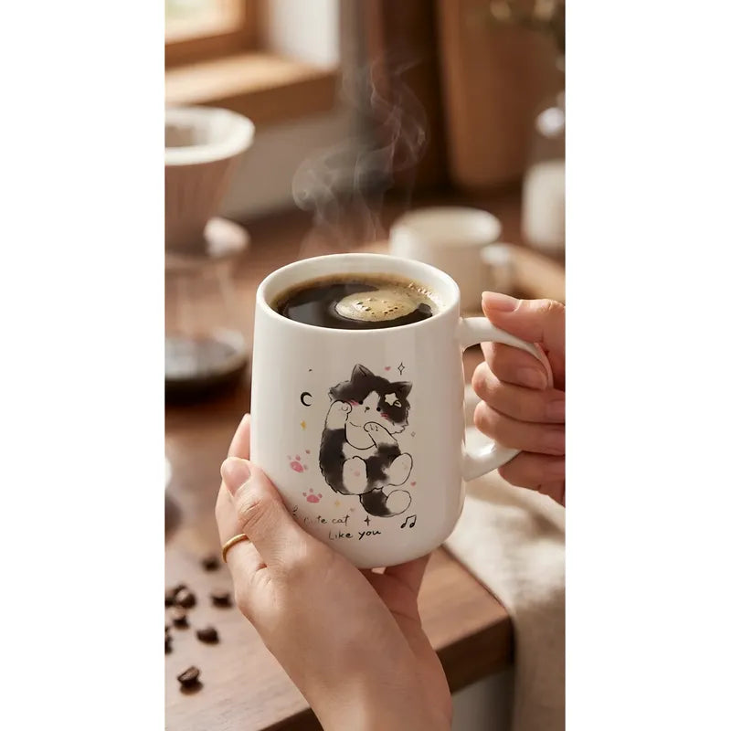 Tazón Cerámica Gatito Lindo Con Tapa Y Cuchara Kawaii Cute Blanco Mk-212 B