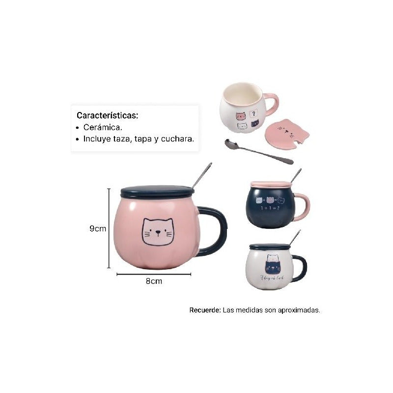 X4 Taza Calabaza Diseño Gato Kawaii Con Tapa Y Cuchara Mk134 Rosa, Azul Marino Y Blanco Calabaza