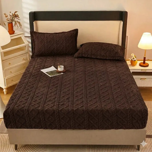 Set Sábana Cubre Colchón De Chiporro 2 Plazas Invierno Suave Café Mod6 Trenzado