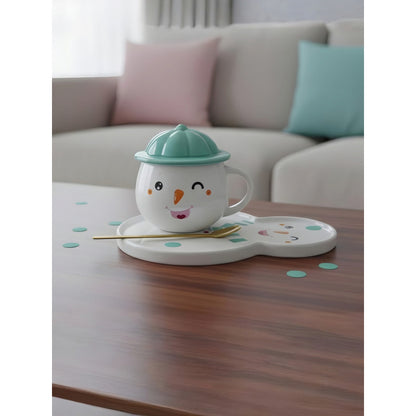 Set Taza Muñeco D Nieve + Plato Tapa Cuchara Navidad Snowman