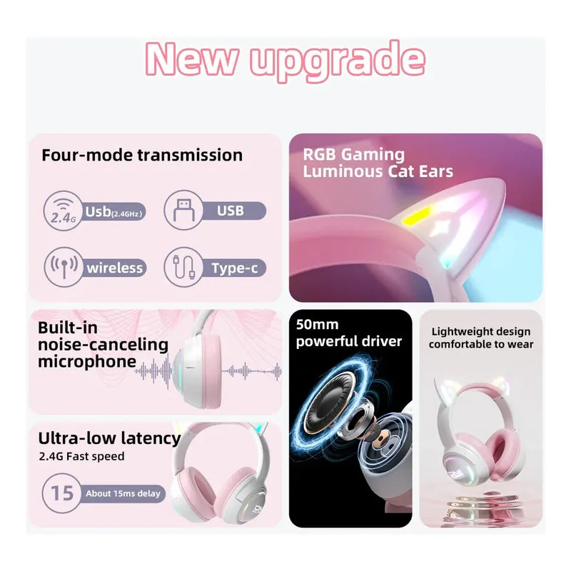 Audifono Gamer Onikuma Cat Gt838 3modos Bluetooth Usb C Gato Blanco Rosa Gt838