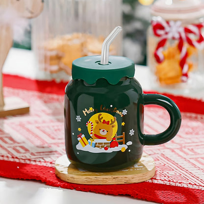 Taza De Navidad Tapa Silicon Bombilla Cristal Bebida Fría Ca